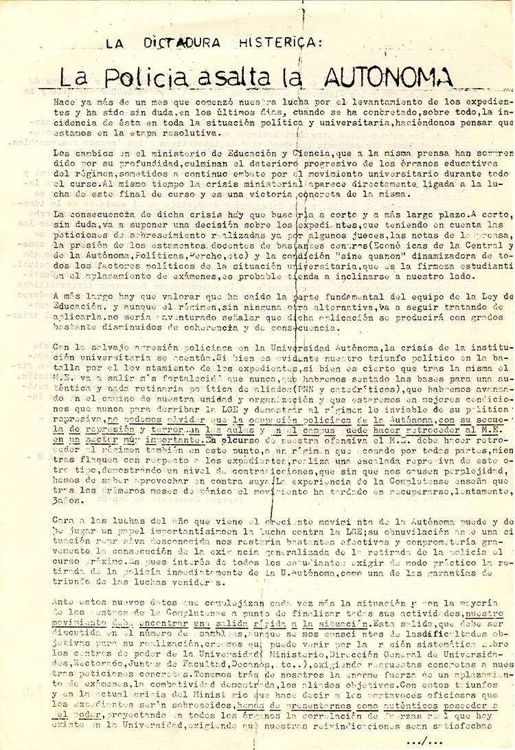 Panfleto firmado por la organización universitaria del PCE. Madrid, 30 de Junio de 1972.